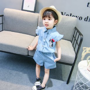 Flower Bear&Kitten Short Sleeve Denim Suit