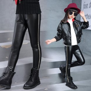 Hour&DX03115_Girls' Letter Ribbon Leather Coat Leather Pants Suit