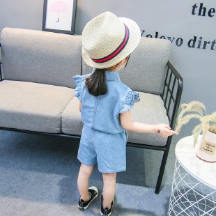 Flower Bear&Kitten Short Sleeve Denim Suit