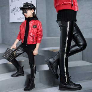 Hour&DX03115_Girls' Letter Ribbon Leather Coat Leather Pants Suit