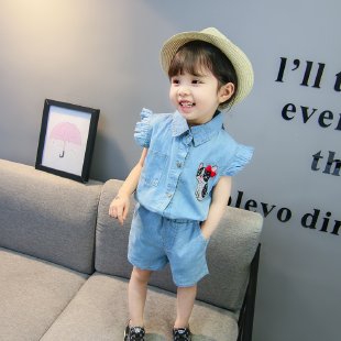 Flower Bear&Kitten Short Sleeve Denim Suit