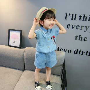 Flower Bear&Kitten Short Sleeve Denim Suit