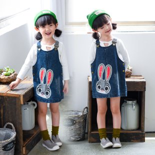 100 Million Trees&Rabbit Head Denim Suspender Skirt