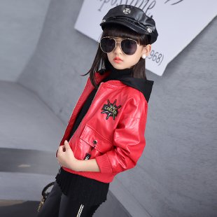 Hour&DX03115_Girls' Letter Ribbon Leather Coat Leather Pants Suit